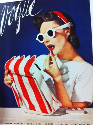 Vogue Cover 1930s Woman With White Sunglasses Red Lips Red And White Stripe Bag